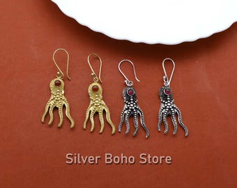 Octopus Earrings, Nautical Sea Creature Dangle Earrings, Handmade Brass Earrings, Marine Life Jewelry, Ocean Lover Gift