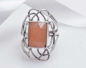 Perzik maansteenring, 925 sterlingzilveren ring, natuurlijke edelsteenring, ring voor vrouwen, statementring, maansteensieraden, cadeau voor haar.