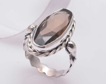 Rookkwartsring, 925 sterlingzilveren ring, natuurlijke rookkwartsring, statementring, handgemaakte ring, vintage ring, trendy ring, boho-ring.