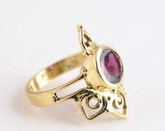 Brass Amethyst Ring, Purple Gemstone Statement Ring, Boho Vintage Style Ring, Adjustable Brass Jewelry Gift for Her