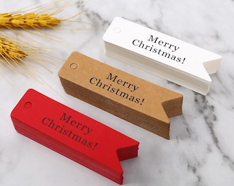 100 sztuk Wesołych Świąt Etykieta na Upominki, Wesołych Świąt Etykiety Czerwony Biały Papier Kraft Mini Flaga Etykieta hurtowo na świąteczne dekoracje świecy Xmas, B1