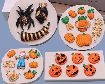 Halloween Silicone Mold cupcake decoration Pumpkin Scarecrow Spider Skull fall cabochon mold Mystery Box Treats Soap Candle diy jewelry G472