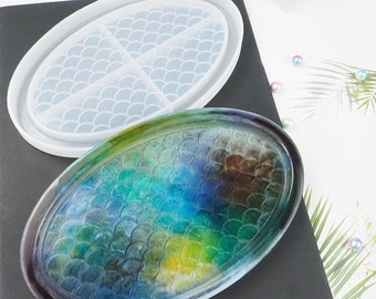 Molde de bandeja de escala de sereia, bandeja oval, molde de silicone, placa de resina, recipiente, organizador, molde de gesso, epóxi, suprimentos de fundição de artesanato, g373