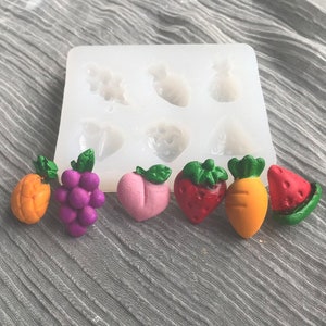 Molde plano de frutas, pêssego, uva, abacaxi, morango, molde de silicone, cera, vela, sabão, argila, jóias, chocolate, fondant, decoração de bolo, 577