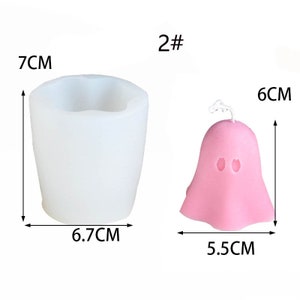 May include: Two silicone molds for making Halloween candles. The first mold is 7 inches tall and 6.7 inches wide and is shaped like a ghost. The second mold is 6 cm tall and 5.5 cm wide and is shaped like a ghost.