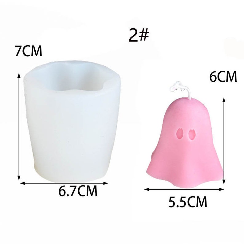 May include: Two silicone molds for making Halloween candles. The first mold is 7 inches tall and 6.7 inches wide and is shaped like a ghost. The second mold is 6 cm tall and 5.5 cm wide and is shaped like a ghost.