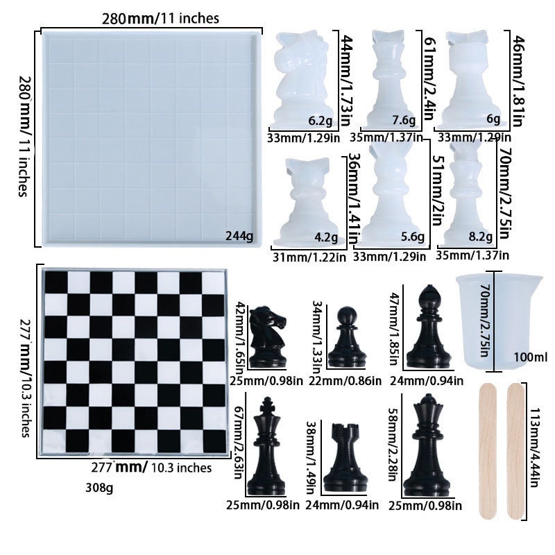 SENHAI chess Resin Mold Set, 1Pc Silicone chess Board Mold and 16 Pcs Full  Size 3D chess Epoxy Molds and checker Resin casting M