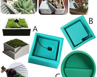 DIY Terraced Flower Pot Silicone Plant Pot Silicone Mold Square Building Concrete Mould Moss Bonsai Cement Plate,Craft Supplies Mold, GJ47