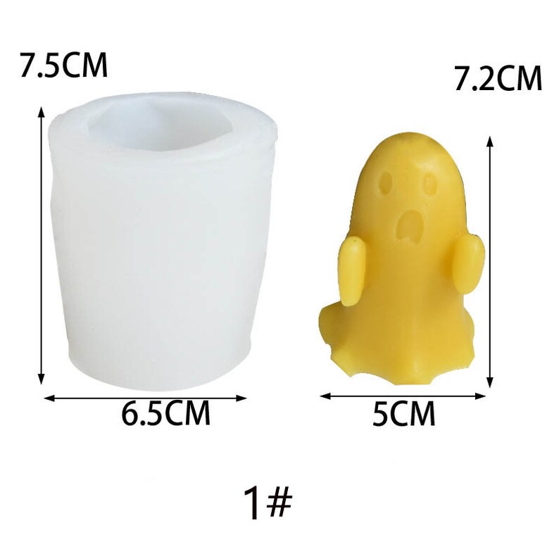 May include: A white silicone mold shaped like a ghost, measuring 7.5 cm tall and 6.5 cm wide. A yellow ghost-shaped candle measuring 7.2 cm tall and 5 cm wide is shown next to the mold. The text "1#" is printed below the image.
