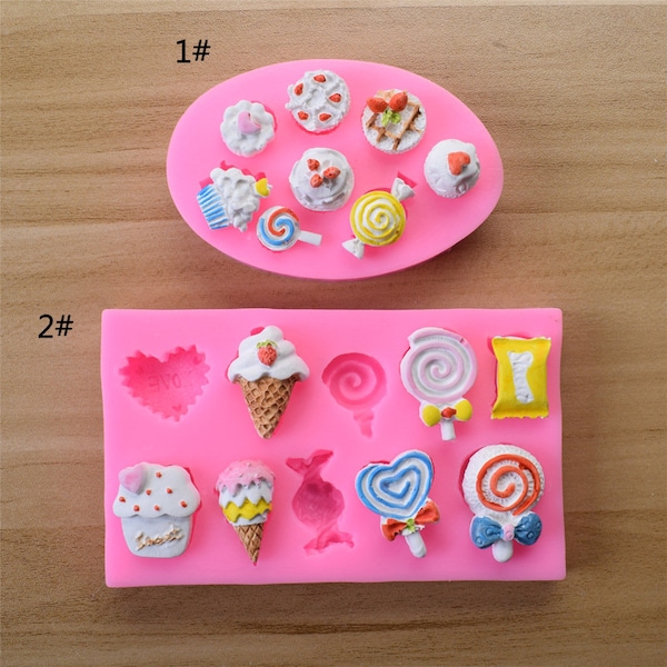 Lollipop Crème glacée cupcake Bonbons Silicone Moule Kawaii Dessert Moule Mini Bonbons Moule Bougie Savon Plâtre Résine Époxy Fondant Gâteau Décor, G295