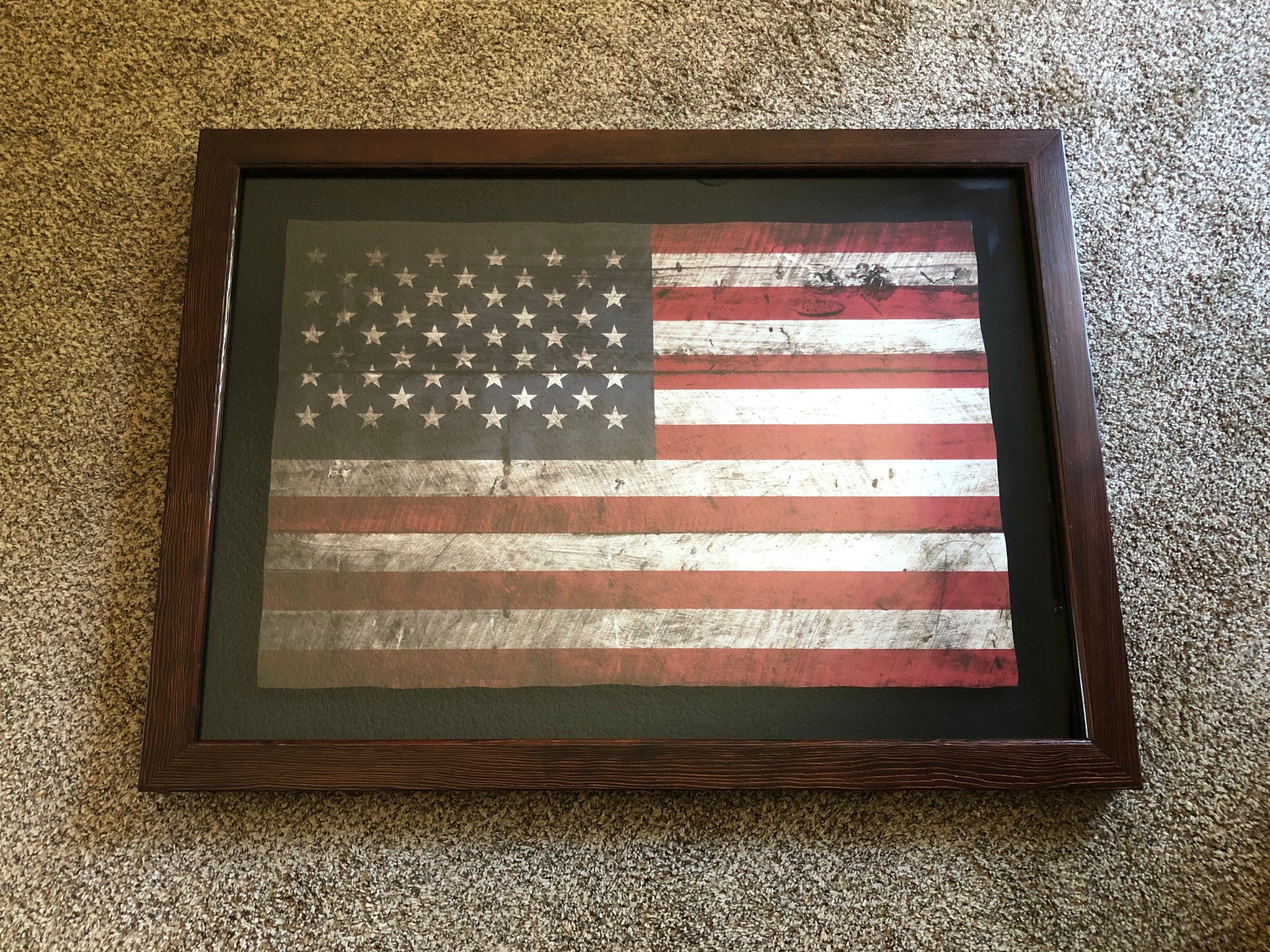 America Flag Framed, Antique/weathered American Flag Shadow Box Frame