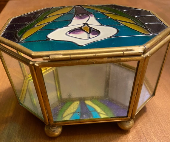 Vintage jewelry box brass/glass/mirror with stain… - image 2