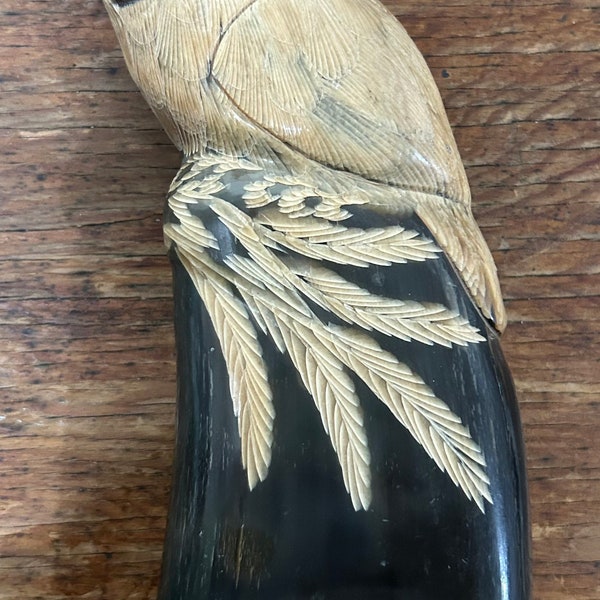 Wildlife hand carved owl made of Buffalo/Bison horn. Old scrimshaw art.Lots of detail in this Beautiful figure and a great gift for someone!