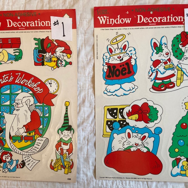 Non adhesive plastic window cling window decorations for Christmas by Classic Clings 1989 two available. Price for one. Each are numbered