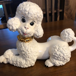 Vintage white adorable Atlantic Mold ceramic poodle dog figurine. Nice gift for poodle lover!