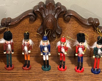 Six vintage wooden Nutcracker ornaments  (set),/toy soldiers Christmas tree ornaments