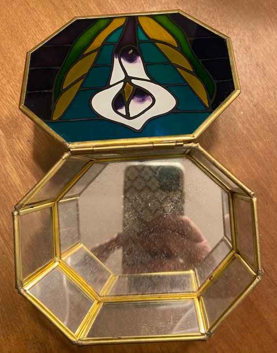 Vintage jewelry box brass/glass/mirror with stain… - image 3