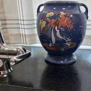 Periwinkle blue USA made pottery vase/urn/jar with hand painting depicting a horse with flowers in mane
