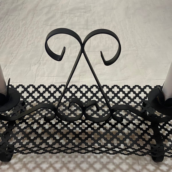 Vintage 1960s atomic quatrefoil black mesh two candle holder from mid century. Great MCM decor for buffet or on the dining table.