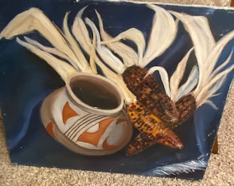 Vintage southwestern original painting on canvas features Indian Corn with tribal pottery in still life presentation.