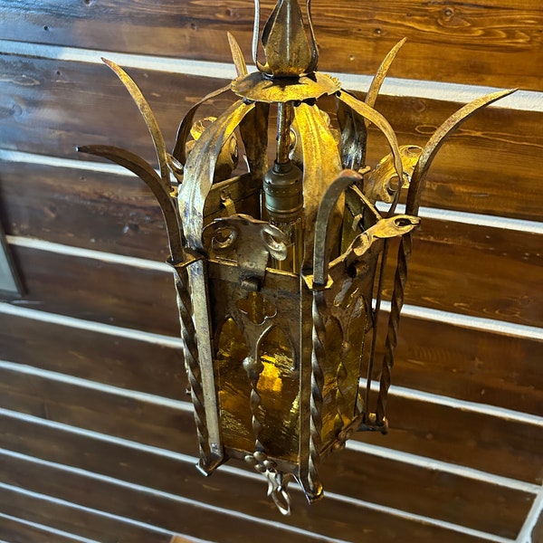 Vintage brutalist gold colored Addison Mizner Spanish Mediterranean Revival/south Florida style amber glass lantern chandelier/pendant light