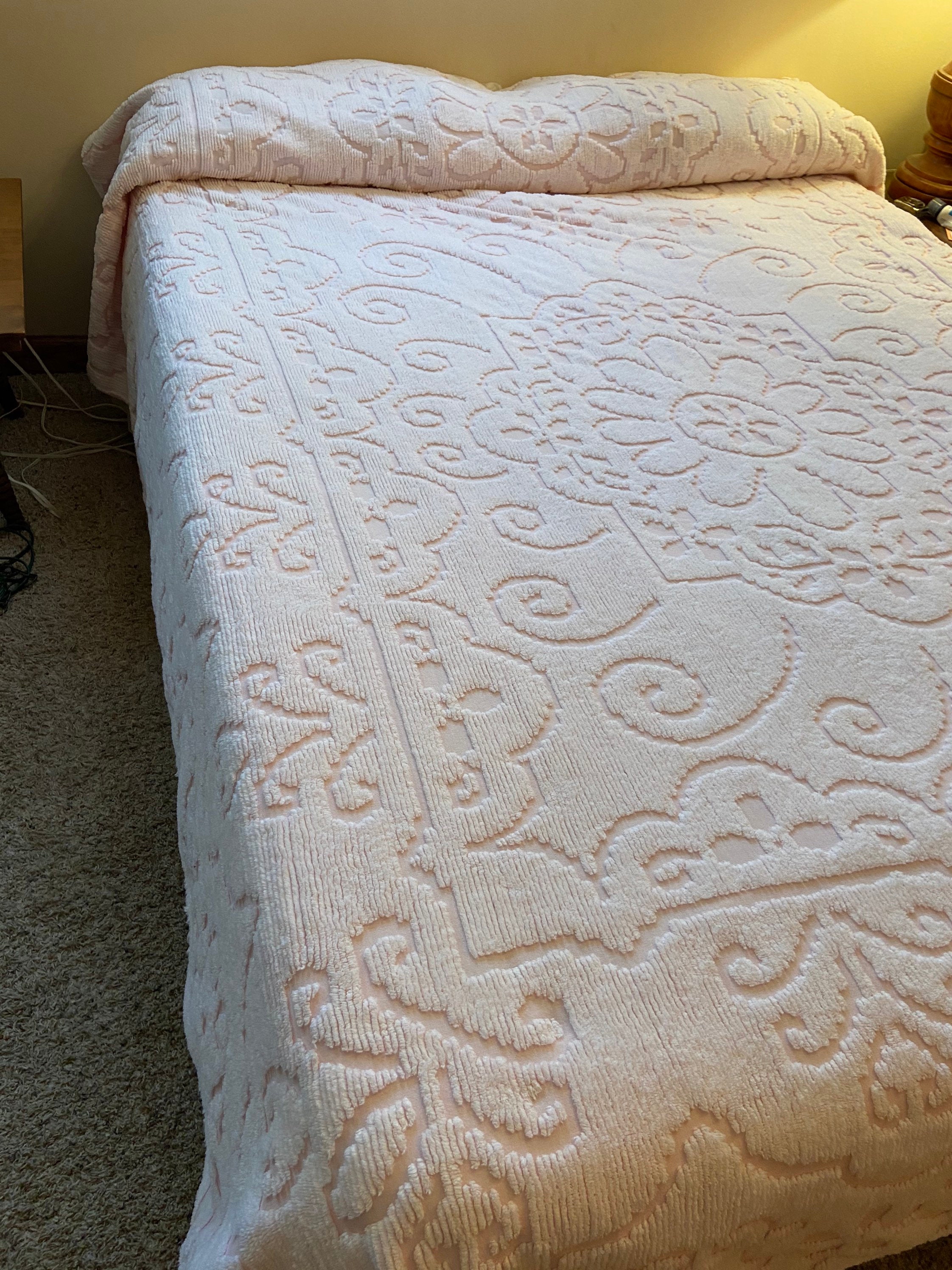 Pink and white vintage chenille bedspread Etsy