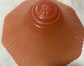 1940s Art Deco vintage glass salmon pink light fixture shade with three holes for hanging.