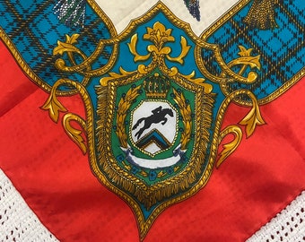 Beautiful vintage teal, red and gold, hand rolled  Spanish silk scarf I believe with horses and coat of arms emblems by Francesco De Carolis