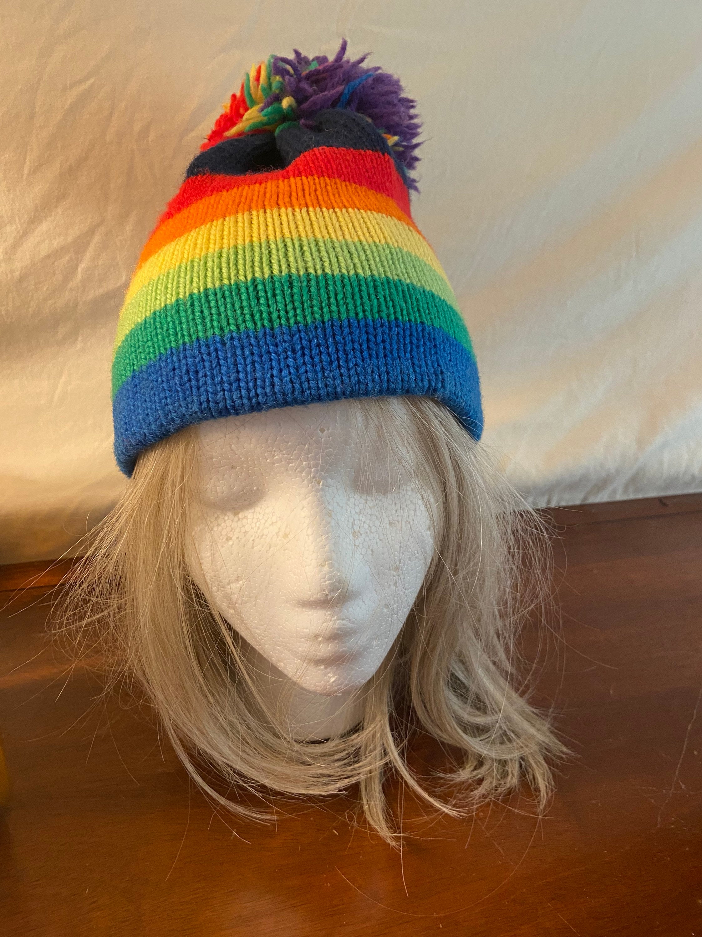Brightly Colored Knit Rainbow Wool Winter Hat With Large 