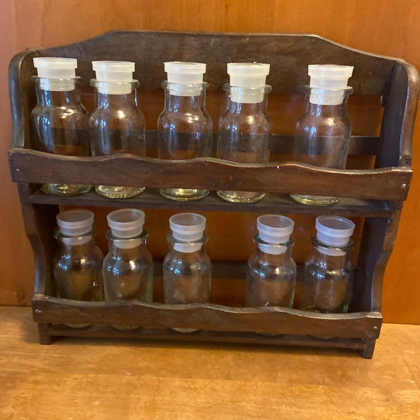 Vintage two shelf wooden spice rack with ten glass spice bottles. Nice gift for Mother’s Day!