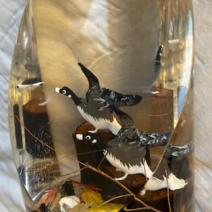 May include: A clear glass paperweight with a 3D scene of two black and white ducks flying over a brown log with yellow, brown, and white feathers and shells at the bottom.