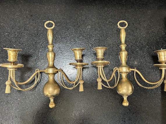 Mid Century Brass Candle Sconce/pair of Candle Holders. Not a Lightweight  Brass.quite Heavy and Styled With Rope and Tassels. Sold as a Pair 
