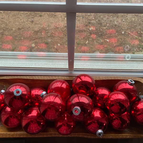 Made in USA vintage red glass ornaments. 19 total. Wooden bowl not included