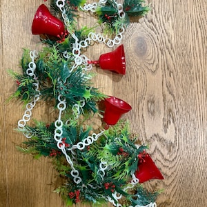 MCM Christmas plastic white chain garland with Holly and four red plastic bells aprox 7 feet in length!