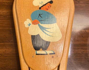 Yugoslavian made Vintage wooden knife saver with a chef handpainted on it