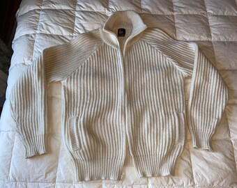Grandpa Sweater 70s Cream Cable Knit Cardigan Zip up Blue Striped