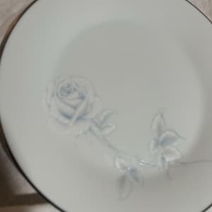 May include: White porcelain plate with a silver rim and a delicate blue rose design. The rose and leaves are subtly embossed on the plate's surface, creating a textured effect. A classic and elegant piece of dinnerware.