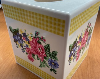 Vintage tissue dispenser for countertop. Yellow gingham and floral design