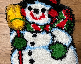 Jolly Snowman rug Vintage handmade latchhook rug for Christmas