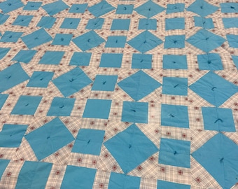 Vintage 1970s robins egg blue and off white geometric plaid handmade quilt with off white backing and hand tied