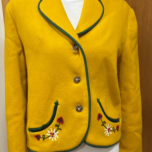 Austrian style Trachten wool Sixtys Petti Jr Sportswear size 9/10  blazer and cropped pants with folk embroidered floral/ mustard color.