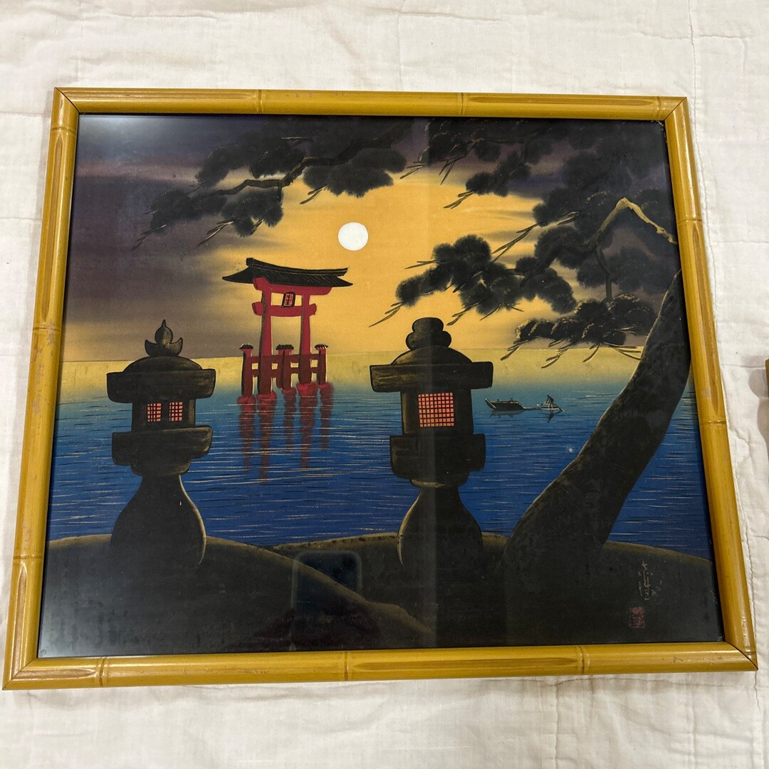 Mid Century Japanese Torii Gate Painting Done on Silk and With a Bamboo