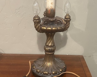 Antique candleabra electric lamp from early 1900s. Old original wiring and a Hemco marked switch.See descr