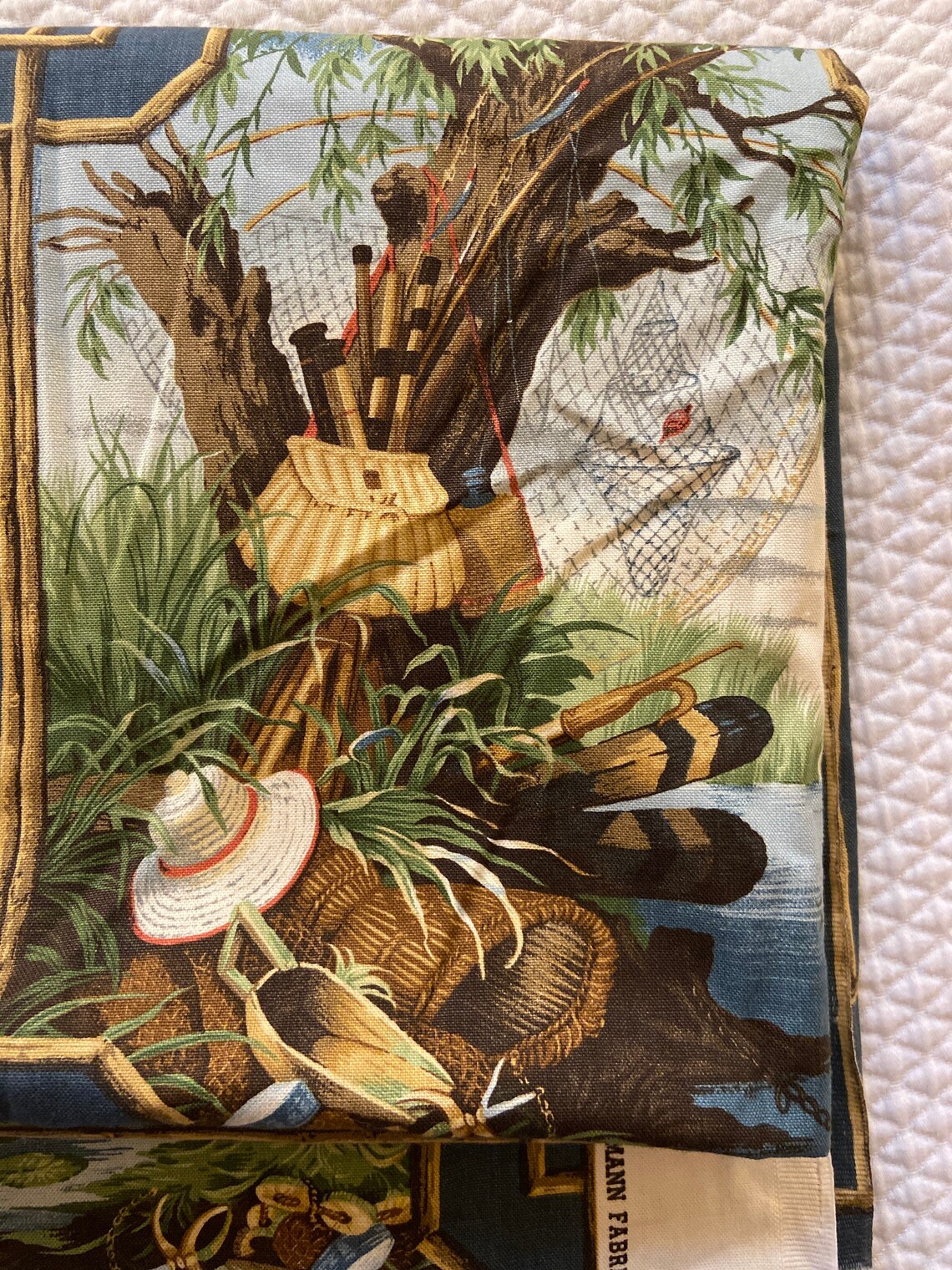 Fabric with fishing theme from Kaufmann fabrics. Unsure of age Etsy