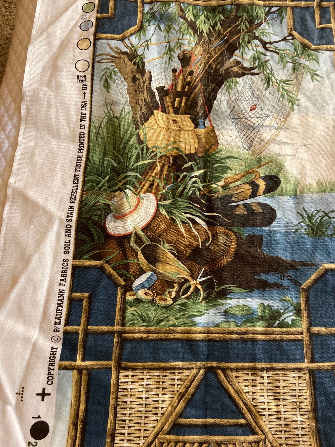 Fabric with fishing theme from Kaufmann fabrics. Unsure of age Etsy