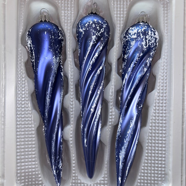 Vintage Germany Krebs made glass Christmas tree icicle ornaments frosted and glitter in a beautiful purplish blue color.No box.Three total