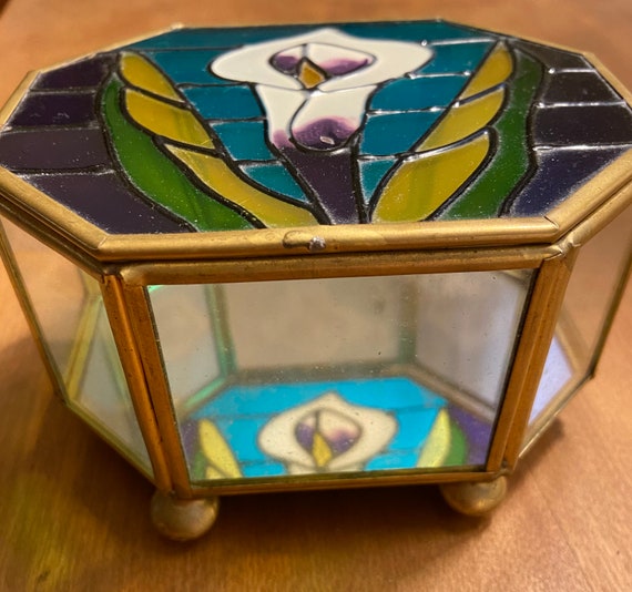 Vintage jewelry box brass/glass/mirror with stain… - image 7