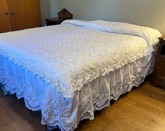 Vintage Battenburg  lacy floral embroidered layered with skirting romantic Victorian/cottage  style bedspread. Photoed on a KING sized bed.