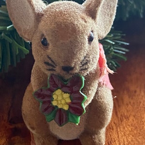 Hong Kong made tan/gray flocked blow mold little Christmas mouse made for George Good Corp.