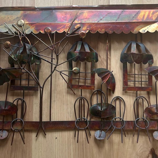 Curtis Jere style metal wall art/sidewalk cafe made in Hong Kong in the 1970s era